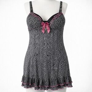 Y2K Cheetah Sheer Babydoll Slip Dress Size 38C L Pink Lingerie Bow Indie Sleaze